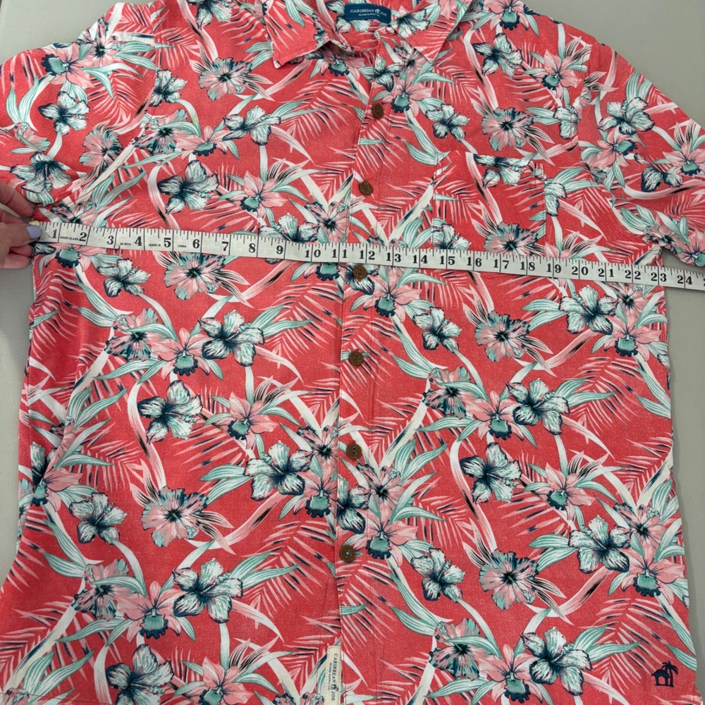 Caribbean Joe Mens Large Tropical Floral Rayon Button Down Shirt Coral Pink Blue - Picture 5 of 8